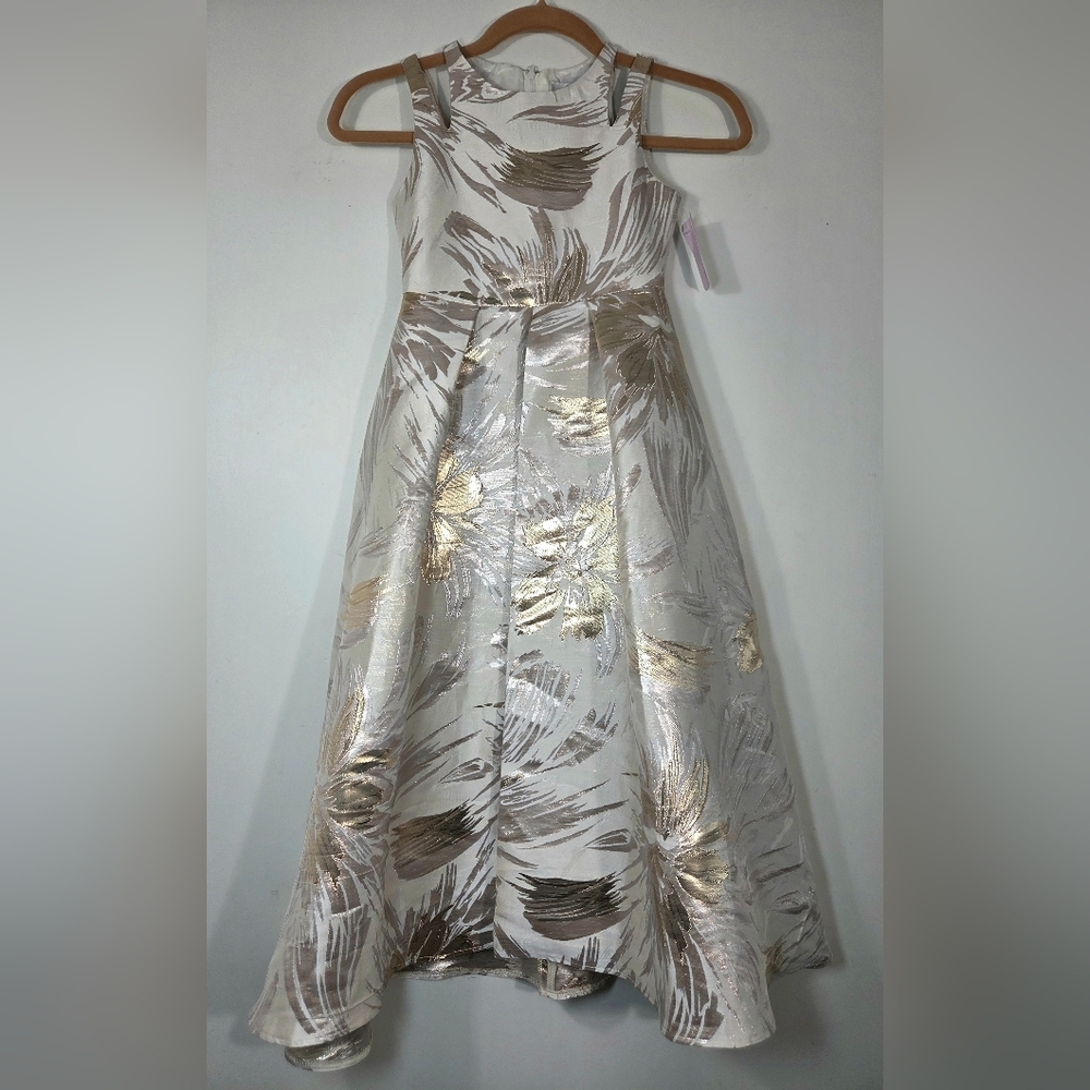 Rare Editions Ivory Dress with Gold Metallic Floral Accents